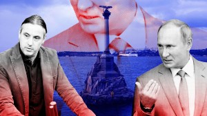 Alexander Neu und Wladimir Putin vor der Halbinsel Krim