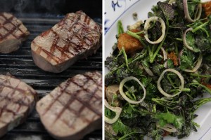 side by side image of beef tongue on a grill pan next to beef tongue salad with watercress, shallots, and croutons