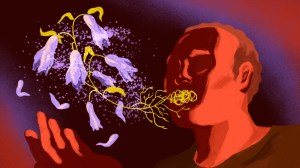 A dying plant emerges from a man's mouth