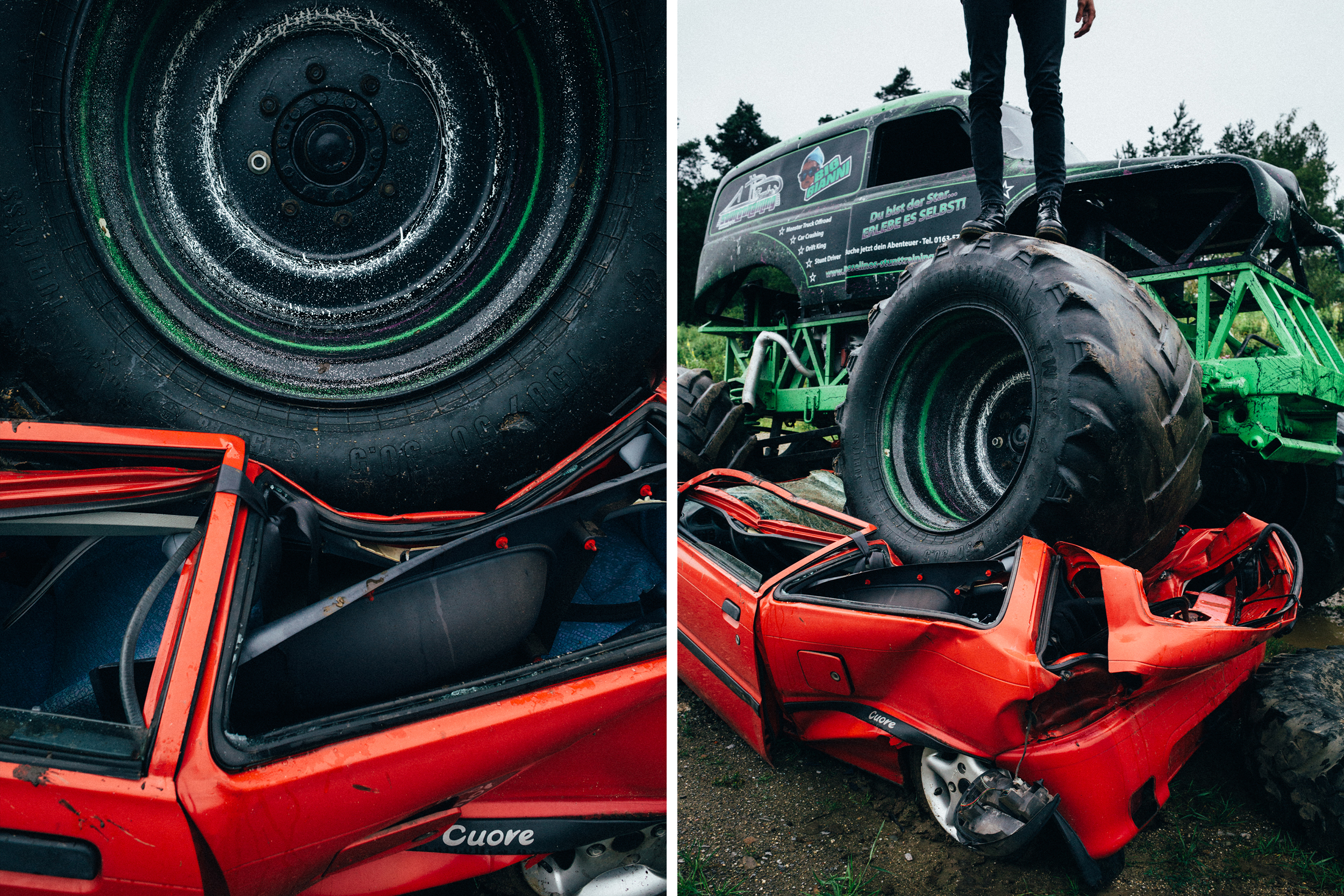 Der Reifen des Monstertrucks zerdrückt das Dach des Autos