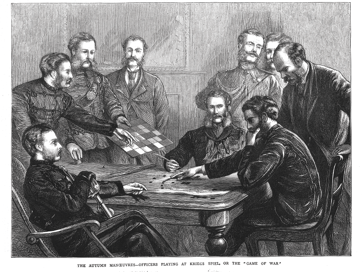Eine Illustration mehrerer Männer, die auf einem Tisch ein Brettspiel spielten. Es sollen preußische Offiziere sein, die Kriegstaktiken durchgehen.