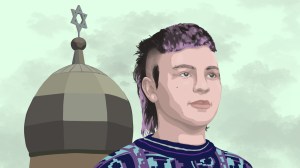 Sabrina, Überlebende des Anschlags in Halle steht vor einer Synagoge, das Bild ist gezeichnet