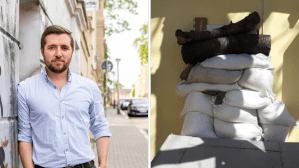 Linkes Foto: Ein junger Mann mit Bart steht an eine Mauer gelehnt, rechtes Foto: Sandsäcke vor einer gelben Mauer, SPD Mitglied Igor Matviyets hat eine Oma in der Ukraine.