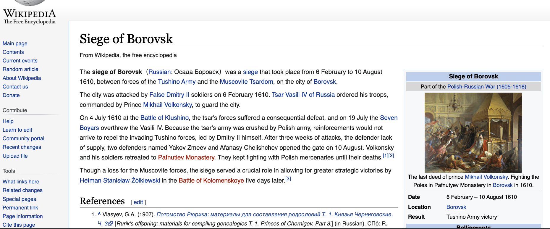 Screenshot von einem Wikipedia-Artikel über die Belagerung von Borovsk