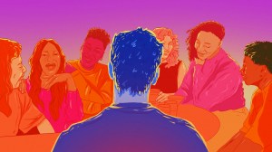 illustration of a blue man giving his back looking at a group of red and pink girls