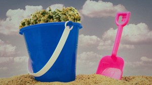 Ein Eimer mit Cannabis darin und eine Schaufel am Strand. In Crailsheim hat eine Waldorfschule Gras auf dem Schulhof gefunden