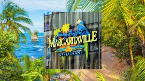 A collage of the Margaritaville signcollaged onto a beach background.