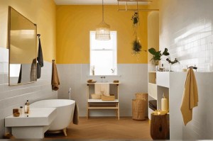 A bathroom with AI-generated amenities.
