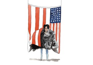 An image depicting an illustration of influential blogger of the American New Right, Curtis Yarvin, stood before an American flag