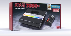 The Atari 7800+ Box, showing the console, a controller, and the free pack in game