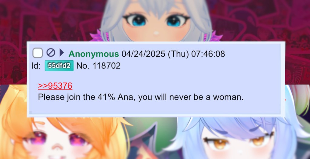Kirsche Verstahl and the VAllure models Immy and Icey. In between all three, an 8chan user says "Please join the 41% Ana, you will never be a woman"